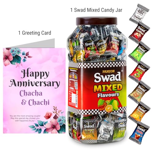 Image of Swad Happy Anniversary Chacha Chachi Gift with Card (Swad Mixed Flavours Candy 200 Jar & 1 Greeting card) 2 units