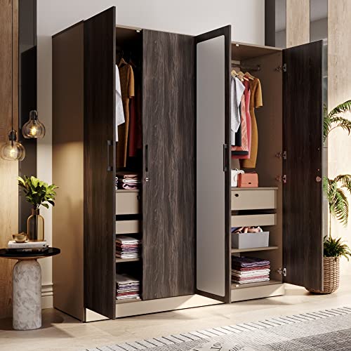 Image of Wakefit Wardrobe | 1 Year Warranty | Engineered Wood Almirah, Cupboard for Clothes Storage | 4 Door, Mirror, 4 Shelves, 2 Drawers, 2 Trays, 2 Hanging Space | Cashmere Plus - Frappe-Wyoming Maple
