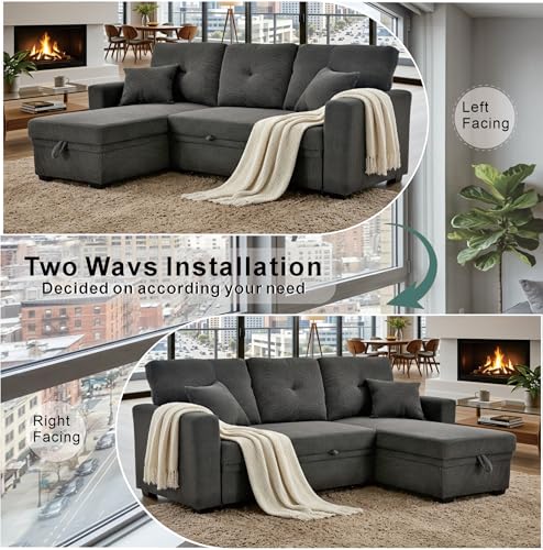 Image of KEIKI 71 inch Sectional Sleeper L Shaped Sofa with Pull Out Bed, 3 Seater Sleeper Sofa with Reversible Chaise, Modular Sectional Sofa with Storage for Living Room, Dark Gray
