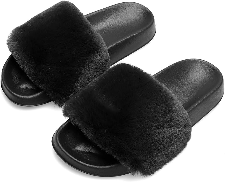 Women's Fuzzy Slippers with Arch Support – Soft Faux Fur Slide Sandals, Cozy Indoor Outdoor Non-Slip House Shoes, Black
