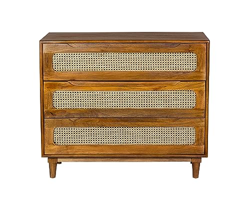 Image of Solid Wooden Atlanta Chest of Drawers | Chest of Drawer with Natural Cane /Rattan | Drawer Chest with 3 Drawers | Wooden Storage Cabinet | Mango Wood, Light Brown Finish