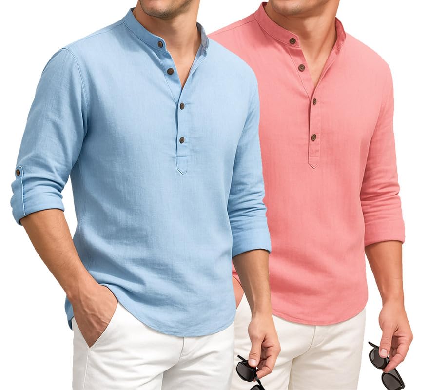 Image of DEELMO Combo of Men's Cotton Blend Solid Regular Fit Full Sleeve Short Kurta | Men's Trendy Short Kurta Pack of 2