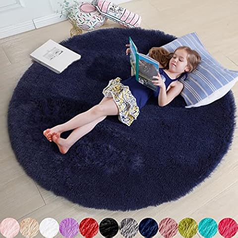 4x4 Pink + 4x4 Dark Navy Rug for Kids Room, Fluffy Circle Round Rugs for Living Room, Furry Carpet for Teen Girls Bedroom, Fuzzy Plush Rug for Dorm Cover