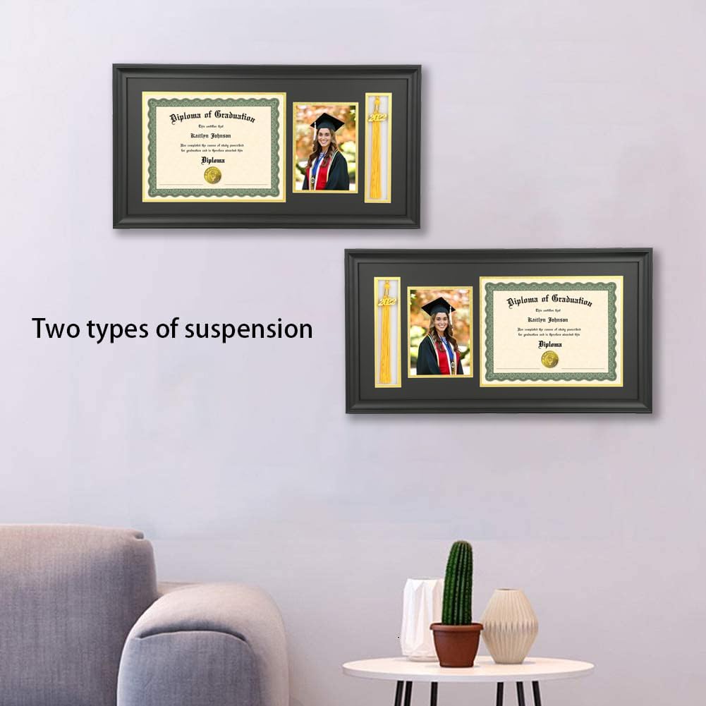 LTYHHK 11x22 Diploma Frame Solid Wood with Tassel Holder for 8.5x11 Document/Certificate & 5x7 Photo, Certificate Frame 8.5x11 Diploma Frames Tassel Shadow Box (LK1122BG)