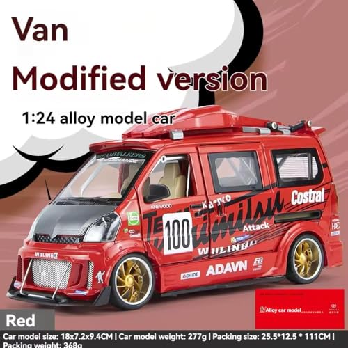 Image of 1:24 Scale Wuling Track Sports Van [Large] Diecast Model Car - Zinc Alloy Pull Back Vehicle with 6 Openable Doors, Lights, Music & Steerable Front Wheels - Collectible Toy Van (RED)