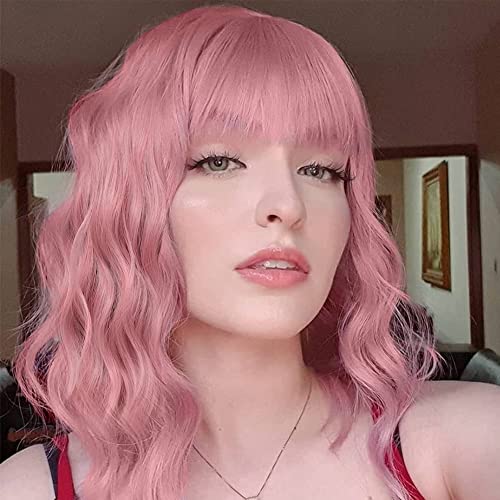 Lativ Pink Wig Short Wigs with Bangs for Women Wavy Synthetic Wig Curly Bob Wig Natural Looking Wigs for Daily Party Cosplay Use (Pink)