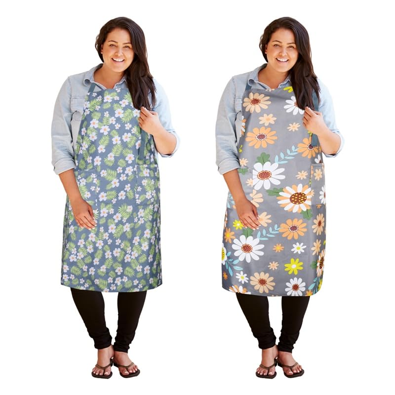 Auidy_6TXD 2 Pack Plus Size Aprons for Women, Floral Apron with Pockets Adjustable Blooming Waterproof Cooking Aprons Cotton Chef Aprons for Kitchen, Cooking(39x39 inch), Green+grey, The size of plus