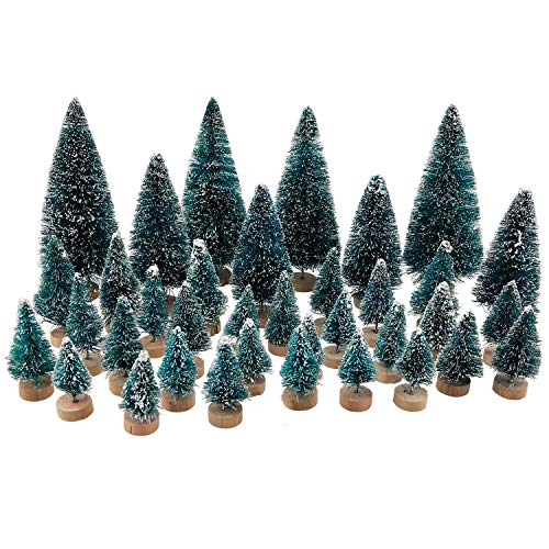 36PCS Mini Artificial Small Christmas Trees, Plastic Sisal Trees Bottle Brush Trees Snow Frost Ornaments with Wood Base for Christmas Home Party Table Top Decor Winter Crafts