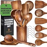 Wooden Utensil Set 8 Pcs – Sturdy & Easy to Clean, Natural Teak Wooden Spoons for Cooking – Non-Scratch Cooking Utensils with Spatula, Turner, Ladle, Spoons, Holder, Spoon Rest, 6 Hooks Kitchen Gifts