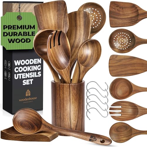 Wooden Utensil Set 8 Pcs – Sturdy & Easy to Clean, Natural Teak Wooden Spoons for Cooking – Non-Scratch Cooking Utensils with Spatula, Turner, Ladle, Spoons, Skimmer, Holder, Spoon Rest & 6 Hooks