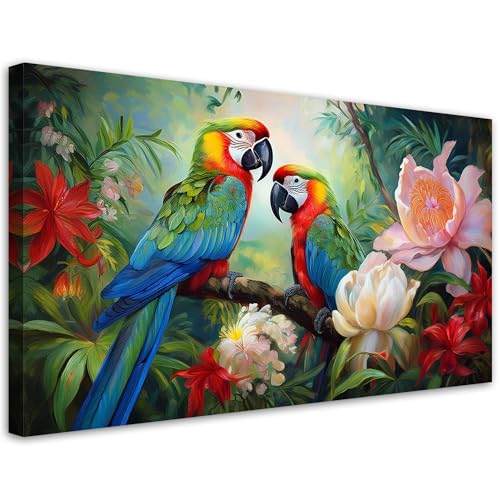 Feeby - Impression sur Toile - Tableau Decoration Murale - Jungle tropicale colorée Perroquets -...