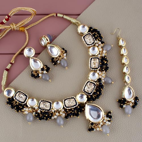 Image of Lucky Jewellery Meenakari 18k Gold Plated Tika Earring Combo Uncut Big Faux Kundan Choker Necklace set