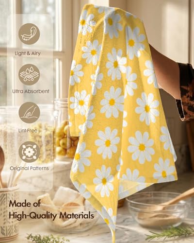 Image of Miss Adola 2 Pack Flour Sack Kitchen Towels - 16x26 Inch Cotton Dish Towels with Hanging Loop Reusable Geometric Modern Retro Tea Towel Absorbent Dishcloths Home Decor, Yellow Daisy