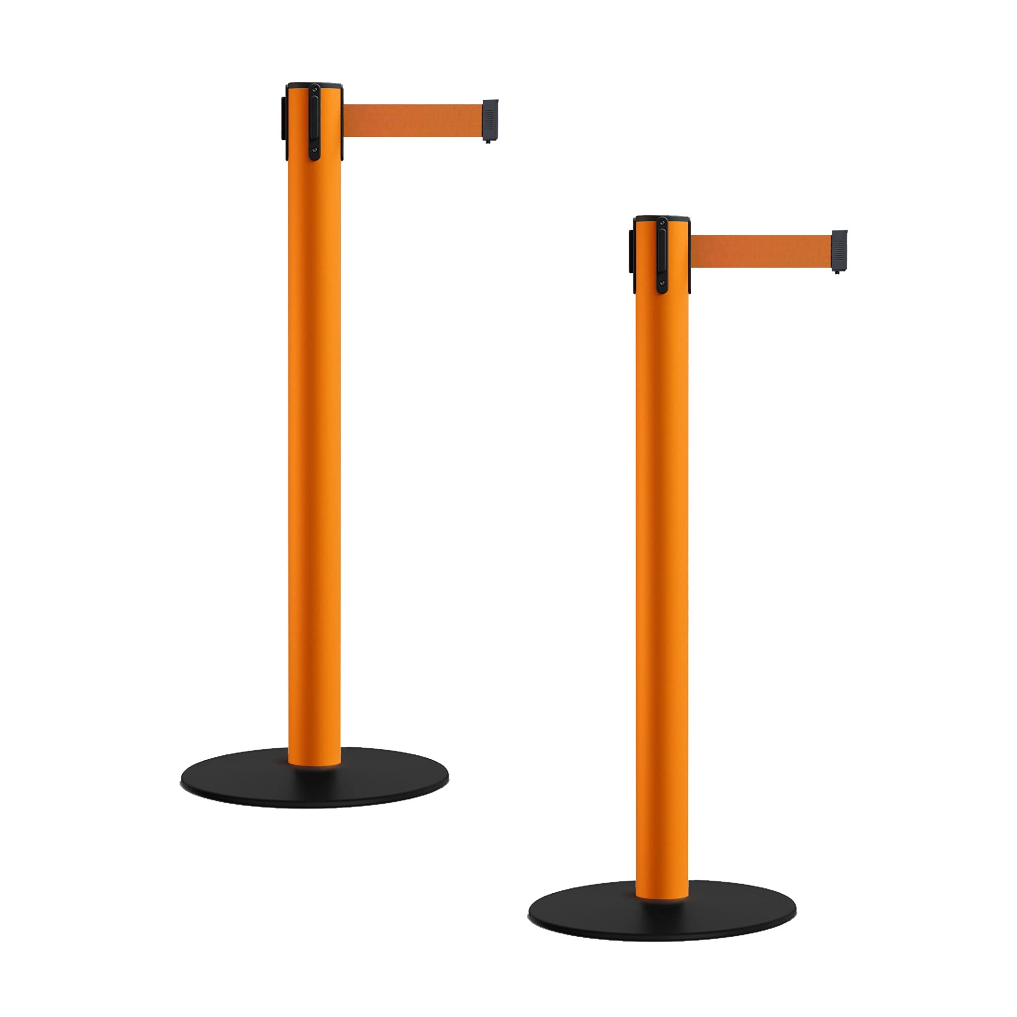 CCW Set of 2 Retractable Belt Barrier Stanchion, Low Profile Base, Orange Post (16 Foot Belt, Orange Belt)