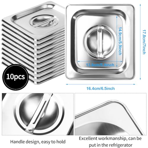 10 Pack 1/6 Size Steam Table Pan Covers Universal Handled Food Pan Lid Stainless Steel Pan Lid with Handle Restaurant Commercial Hotel Food Pan Cover 7 x 6.5 Inch for Food Fruits Vegetables - Thumbnail 2