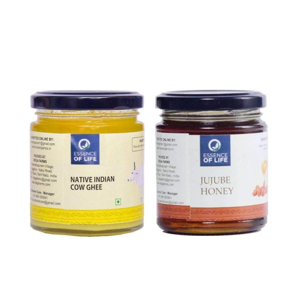 Essence of Life Native Indian Cow Ghee - 175 ml Plus Combo Pack with Jujube Honey 250 Gram