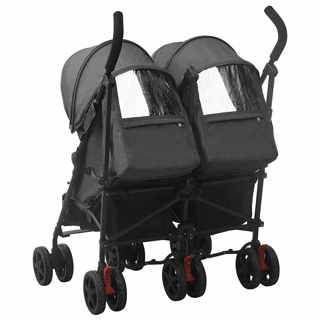 Passeggino Tandem Gemellare vitaXL Nero in Acciaio