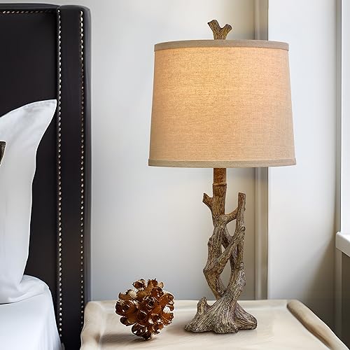 OYEARS 23" Rustic Farmhouse Table Lamp Country Cottage Lamps for Nightstand Tree Trunk Wood Grain Lamp for Bedroom Living Room with Oatmeal Fabric Round Shade Resin Bedside Lamp - Image 6