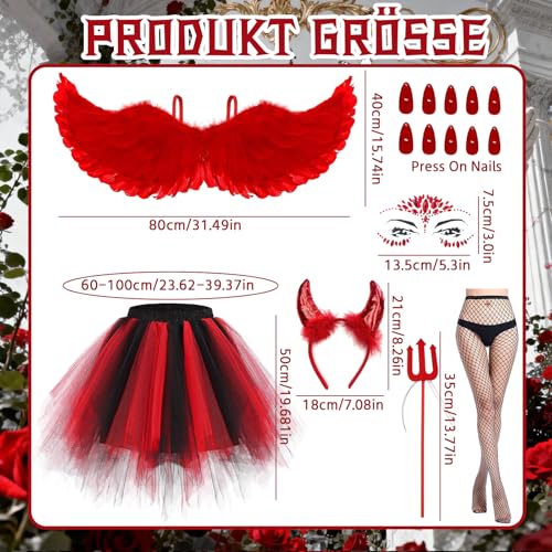 Engel Teufel Kostüm Damen Set, 80CM Engelsflügel Erwachsenes, 7 Stück teufel kostüm flügel flügel kostüm damen mit Tüllrock Teufelshörner Dreizack für Karneval Halloween Cosplay Fasching – Bild 2