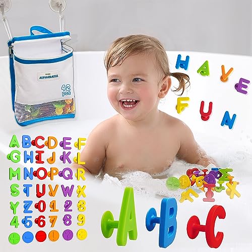 Image of ALPHABATH Suction Bath Toys Alphabet Letters Numbers 42pcs Montessori Stimulating Autism Sensory No Mold Free Preschool Daycare Spelling Math Learn Build Connect Travel Kids Toddlers Ages 1 2 3 Years