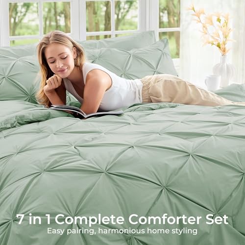 Image of Sasttie King Size Comforter Set, 7-Piece Bed in a Bag, Pintuck Bedding Sets for All Season, Includes Comforter, Flat Sheet, Fitted Sheet, Pillowcases and Pillowshams, Light Sage Green