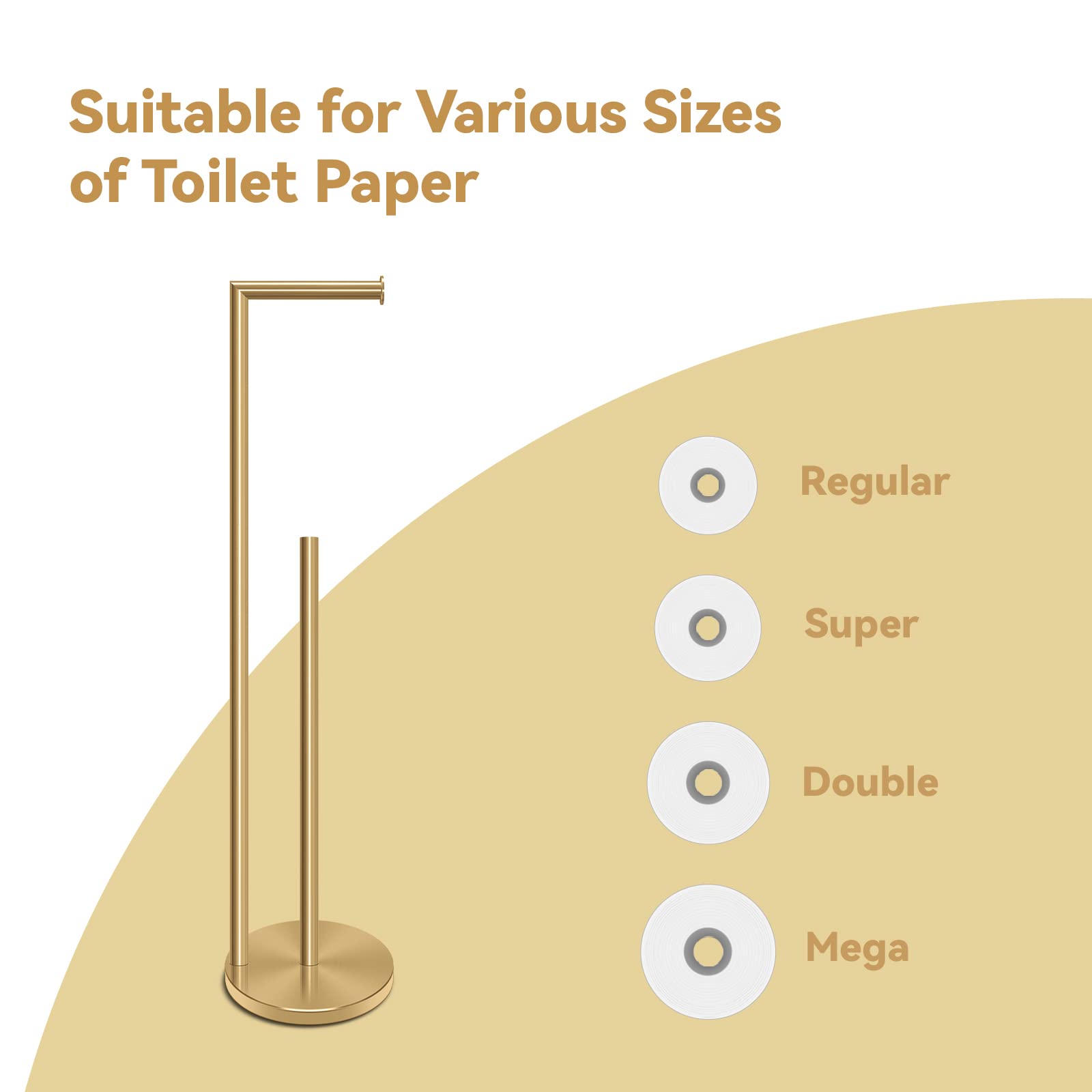 RRM Toilet Paper Holder Stand, Bathroom Free Standing Toilet Paper Holder with Reserve Storage 3-4 Toilet Paper Rolls, Double Rod 26.4-inch Stainless Steel Toilet Paper Holder Stand (Golden)