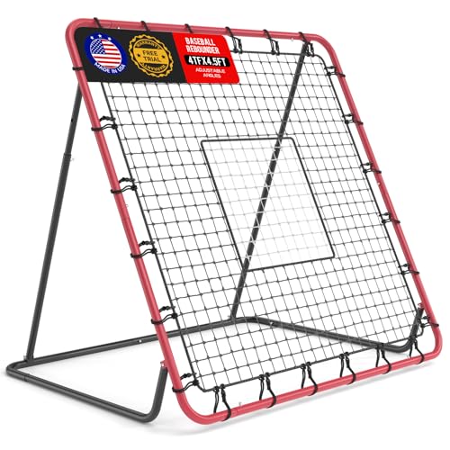 Baseball Rebounder Net 4 x 4.5 ft Baseball Bounce Back Return Net Softball Pitch Back Rebounder Training Equipment with 6 Adjustable Angles, for Pitching Fielding Catching Practice