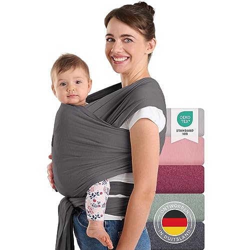 Laleni draagdoek voor pasgeborenen tot 15 kg in katoen | omslagdoek OEKO-TEX gecertificeerd | newborn babydraagzak 5,10m lang | fysiologische kinderdraagzak | grijs