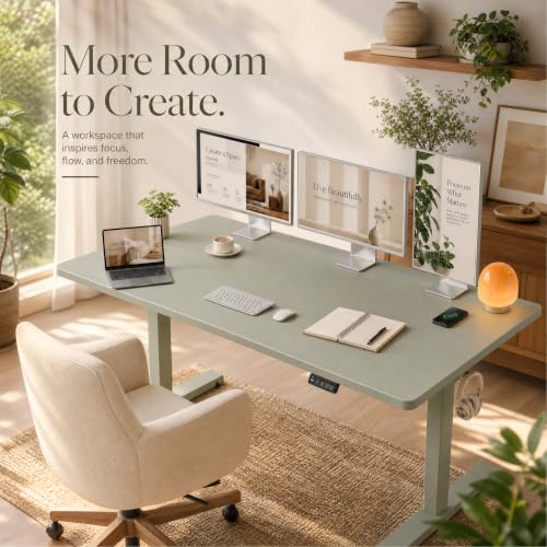 Image of Grandder 55x32 Extra-Deep Electric Standing Desk, Wide Desktop Fits 49 inch Ultrawide Monitor Dual Screens, 176lbs Capacity, 2 Memory Presets, Anti Collision, Computer Desk for Home Office&Gaming, Green