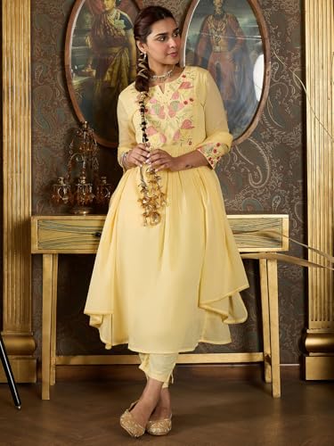 Image of INDO ERA Women's Pure Cotton Embroidered A-Line Kurta & Pant with Dupatta Set | Cotton kurta sets for women