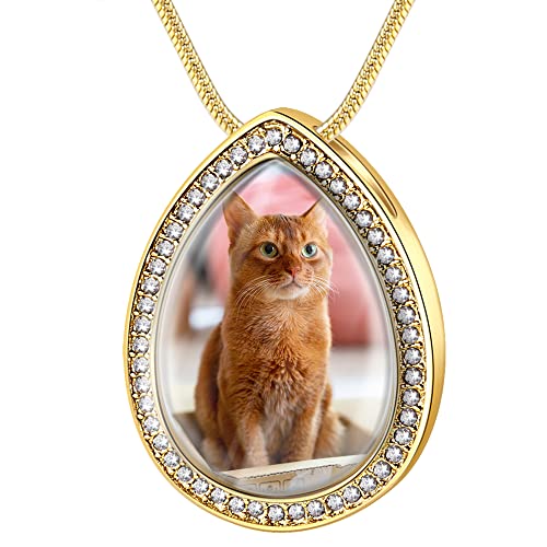 Farfume Personalized Pet Urn Necklace for Dog Cat Ashes Cremation Pet Memorial Customized Photo Text Engraving Pendant Keepsake Funeral Jewelry (1-A Gold Teardrop PendanT)