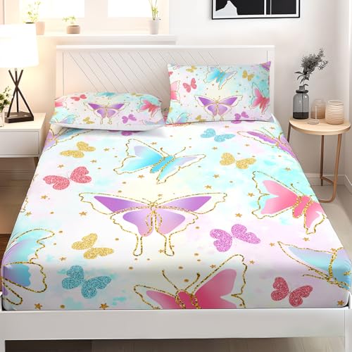 AILONEN Colorful Butterfly Bedding Sets for Girls Twin XL Size Fitted Sheet Set,Kids Butterfly Sheet,Rainbow Tie Dye Bed Sheet,1 Fitted Sheet with 2 Pillowcases,3 Pieces