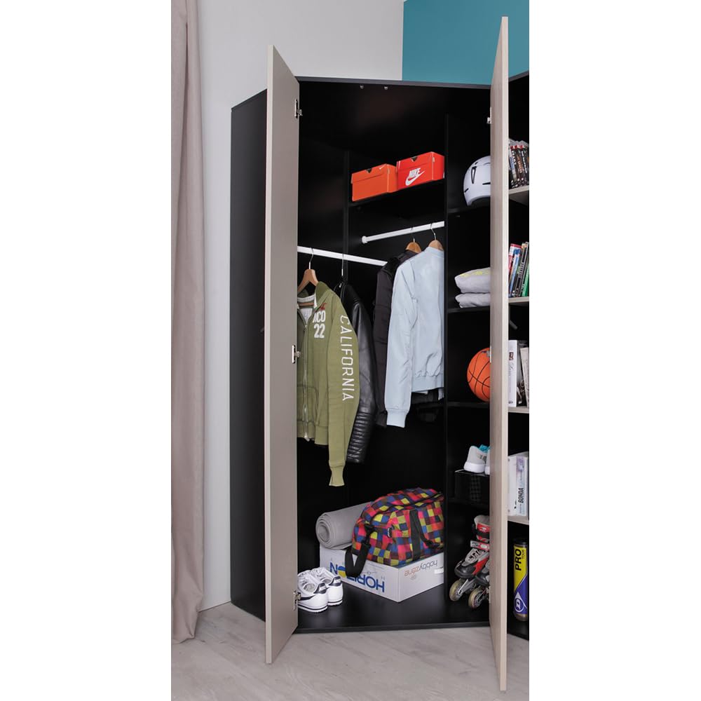 Lomadox Jugendzimmer Set 7-teilig mit Bett, Eckkleiderschrank, 2 Regalschränke, Wandboard, Schreibtisch, Schreibtischaufsatz in schwarz/braun/beige Modern