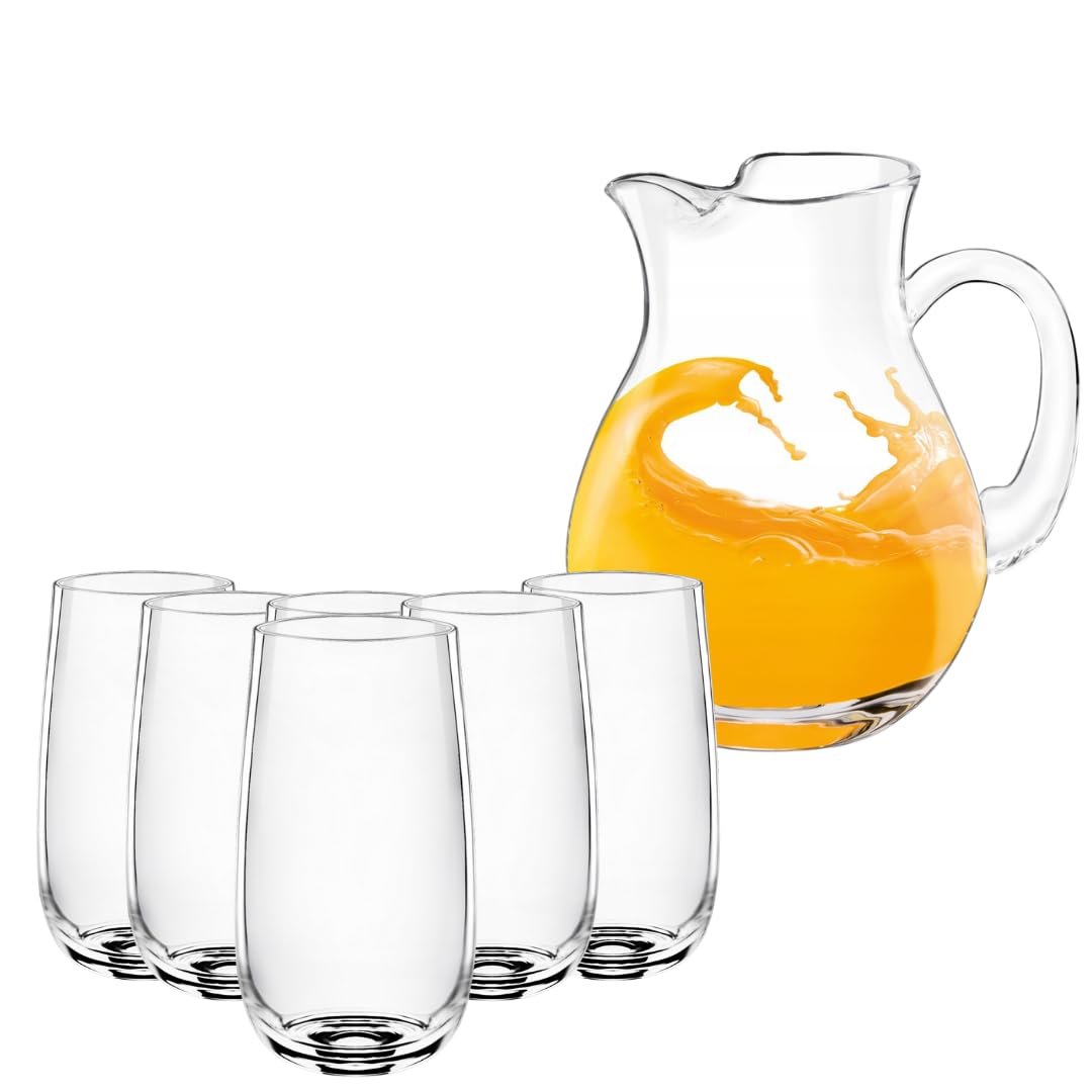 Wilmax Set composto da una brocca in vetro da 1 l e 6 bicchieri da 540 ml - Set per bevande - Brocca per succhi, acqua, tè freddo, latte - Caraffa - Lavabile in lavastoviglie