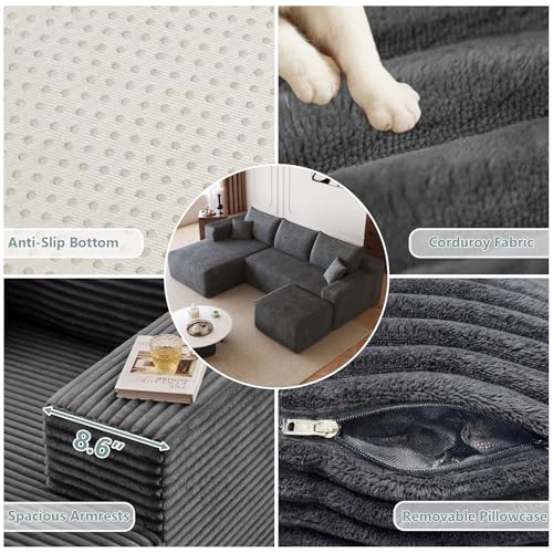 Image of 95 inch Modular Sectional Sofa with Ottoman, Modern Corduroy Cloud Couch Deep Seat, Boneless Couch Upholstered 3-Seater U-Shaped Sofa for Living Room, No Assembly (Dark Gray,Left-Facing Chaise)