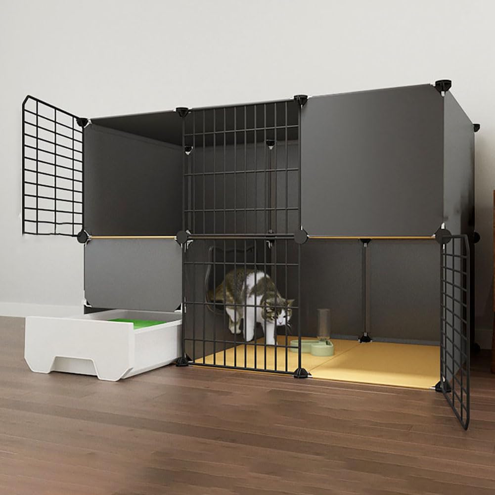 DIY Petit Animal Cage pour Animaux, Enclos Chat Balcon Metal, Clôture Pliable pour Lapins, Cochons d'Inde, Chiots, Chat, Furet - Extérieur/Interieur, Noir, 111x49x75cm