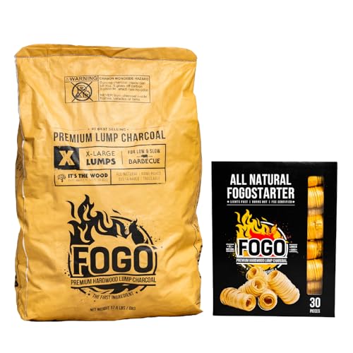 FOGO Premium Hardwood Lump Charcoal Natural Large Sized Lump Charcoal 17.6 Pound Bag and FOGO Fogostarters Natural Fire Starters 30 Count Box Bundle