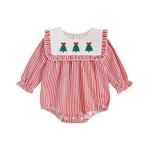 Newborn Baby Girl Christmas Outfit Tree Ruffle Long Sleeve Romper Jumpsuit Smocked Bubble Striped Clothes