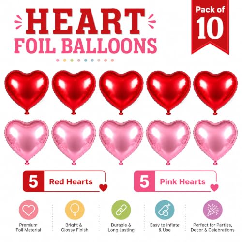 Image of Wanna Party Pack of 10 Red & Pink Heart Shaped Foil Balloons, 18 Inch Helium Quality Balloons for Anniversary, Birthday, Wedding, Valentine's Day & Romantic Party Decoration