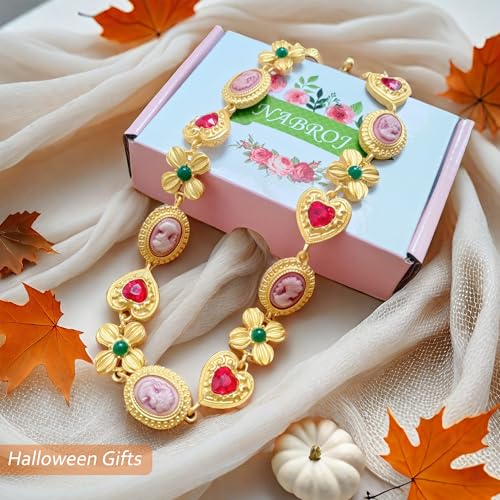 Chunky Y2K Jewelry Gold Necklace - Red Heart Charm, Colorful Vintage Collar Statement Halloween Costume En route Jewelry for Women, Christmas Gifts3
