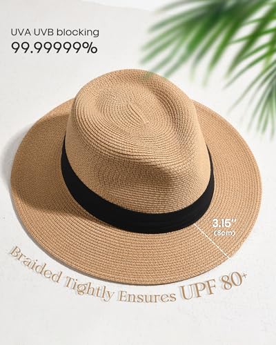 FURTALK Panama Hat Sun Hats for Women Men Wide Brim Fedora Straw Beach Hat UV UPF 80+3