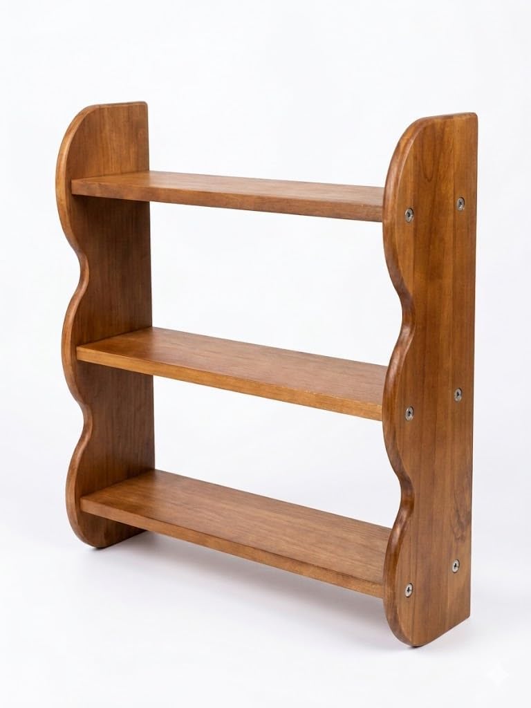 Solid Wood Wall Shelf 3 Tier, Wall Mounted Shelves with Wavy Side Panels, Rustic Hanging Shelves for Wall Decor, Wooden Storage Display Shelf for Living Room, Bedroom, Kitchen and Bathroom