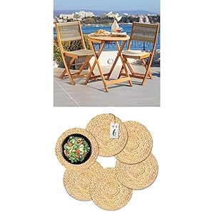 IDZO Heavy Duty 400lbs Capacity Premium Patio Bistro Set 3 Piece Outdoor, Wood Rope Design with Round Woven Placemats Set of 6 Natural Hand-Woven Water Hyacinth Placemats