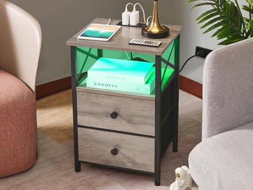 Amhancible Led Nightstand With Fast Charging Station, End Tables Living Room With Usb C Charger 3-Port & 2-Power Outlet, Bedside Table With Storage Fabric Drawers For Bedroom Het052Lgy1 #TOP1