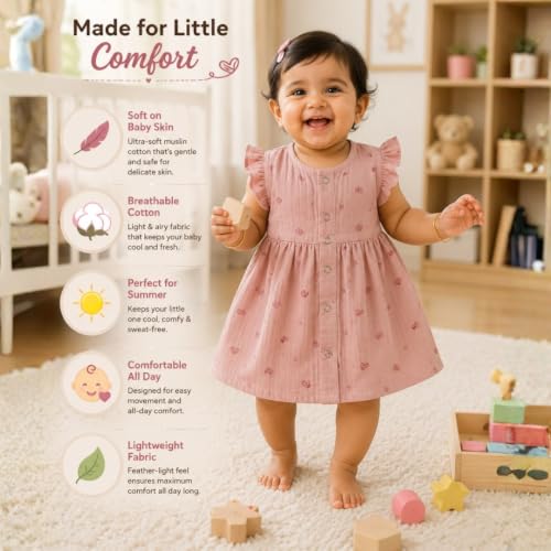 Image of Lilimi Toddler Baby Girl Cotton Muslin Dress, Breathable Flutter Sleeve Button-Front Cute Frocks