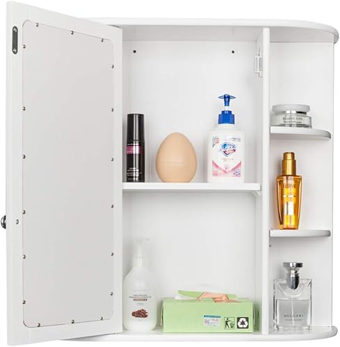 Miniatura 5 de Armario de baño montado en la pared, botiquín de baño con estante ajustable de 3 niveles y espejo de una sola puerta para baño, lavandería, cocina