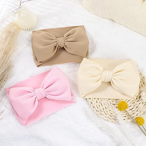 YanJie 3PCS 7'' Big Bows Baby Girls Headbands Soft Stretchy Newborn Bows Infant Baby Hair Bows Toddler Headwrap Hair Accessories Khaki Beige Light Pink4