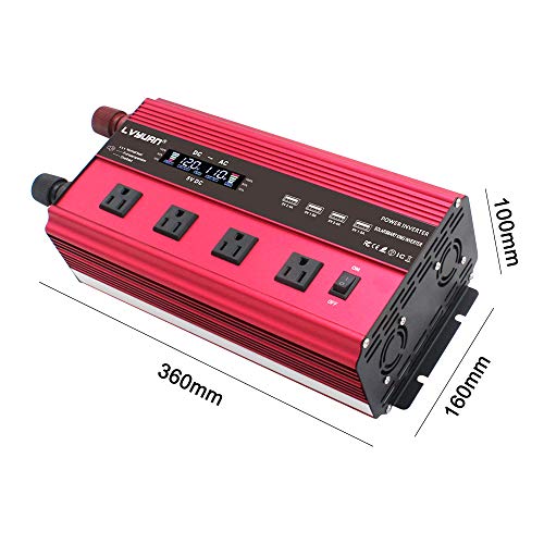LVYUAN Power Inverter 2500W/5000W Inverter 12V to 110V Dc to AC DC 12V Inverter with Remote Control LCD Display 4 AC Sockets 4 USB Charge Ports 4 Cooling Fans