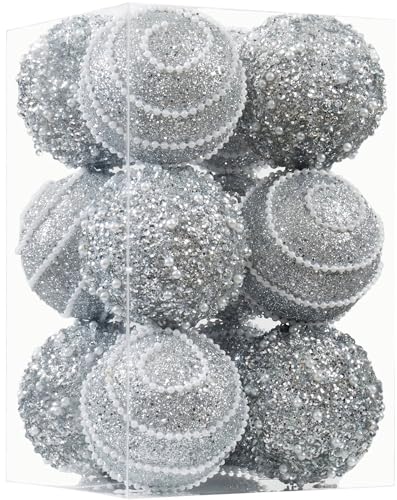 ChrisWish Silver Christmas Ball Ornaments, Christmas Ball Decorations Shatterproof Plastic Hanging Pearl Balls for Holiday Party(70mm/2.76', 12ct)