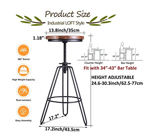 Lokkhan Set Of 2 Industrial Bar Stool-Vintage Adjustable Swivel Wood Metal Bar Stool-Rustic Farmhouse Cast Iron Kitchen Stools,24 Inch-30 Inch Counter Height-Bar Height,Matte Black,Fully Welded #TOP1